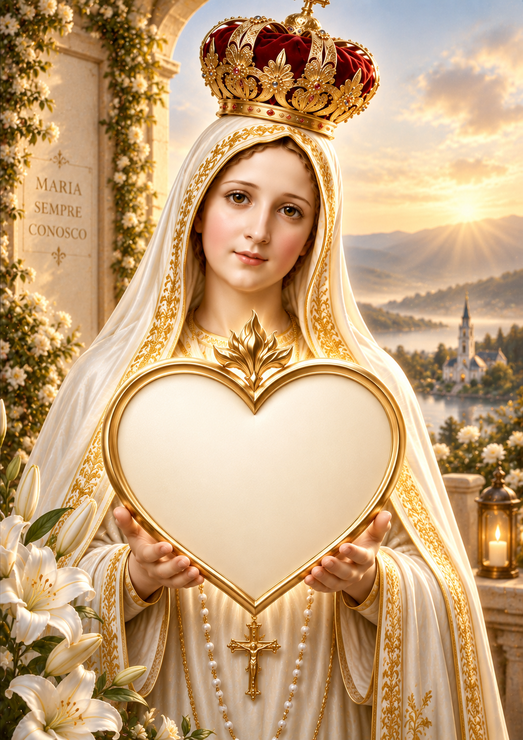 Nossa Senhora de Fátima segurando um coração claro com moldura dourada